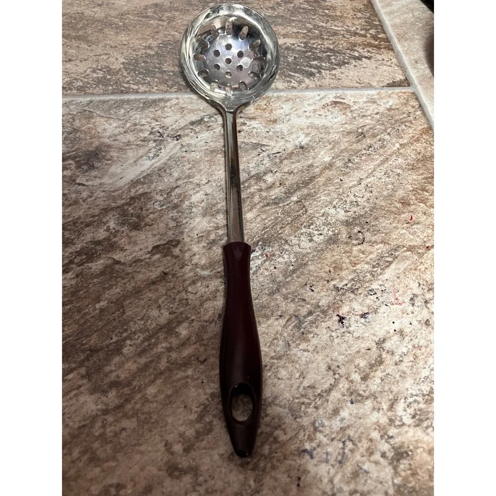 Stainless Steel Slotted Spoon with Pot Rest Clip Brown Handle 10.5 Inch